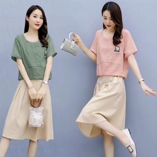 Cotton qun tao zhuang Korean-Style Short-Sleeve Top Dress Two-Piece Set (1)