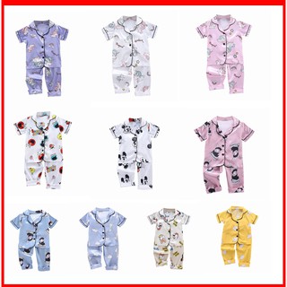 Ready Stock Baby Terno Pajama For Kids Boys Girls Short Sleeve Blouse Tops+Shorts Silk Sleepwear Set