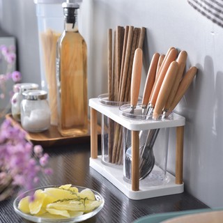 【serda】Simple Chopsticks Storage Holder Wooden Chopsticks Tube Hollow Drain Dish Drying Rack Kitchen Organizer Utensils