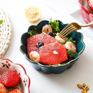 2021 newNordic Light Luxury Emerald Gold Line Edge Ceramic Bowl Fruit Salad Bowl Breakfast Dessert B