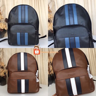 ♈Coach Men Houston Leather Backpack Bag Signature Varsity Stripe Saddle Midnight Blue Brown Beg f689