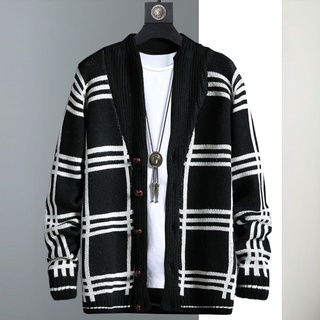 Knitted Sweater Men Cardigan Fashion Patchwork Striped Long Sleeve Warm Coat Autumn Winter Sweater M