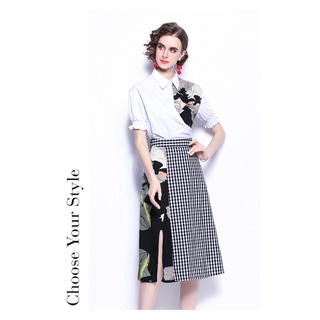 Fashion new print stitching Top + checkered slit skirt two piece set