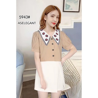 AS ELEGANT New Polo Puff Sleeve Floral Collar Tops 5943