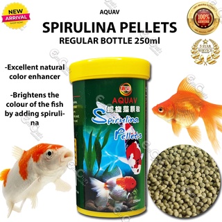 Aquav 250ml SPIRULINA PELLETS (Regular Green Bottle) Color Brightening for All Tropical Fish Food Go