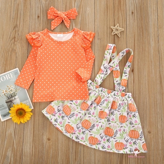 ❤XZQ-1-5 Years Baby Girl Set Long Sleeve Polka Dot Tops Pumpkin Suspender Skirt Dress Halloween Clothes Set