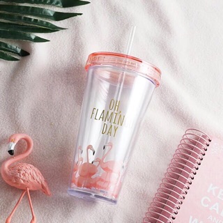 Flamingo Pink Minimalist Flat Top Water Tumbler Cup Mug with Straw and Lid