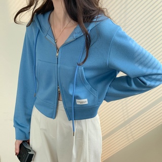Autumn 2021 New Korean Style Loose Croptop Hooded Sweater Double-Headed Zipper Niche Long-Sleeved Jacket Women's Clothing (7)