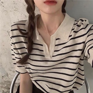 Women Breastfeeding Clothes Vintage Lapel Stripe Ice Silk Knit Short-Sleeved T-Shirt