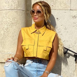 Yellow Y2K Sexy Crop Top Sleeveless Women Blouse Shirt Solid Asymmetrical Casual Top Female Blouse