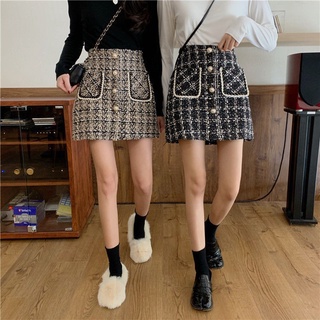 Woolen Plaid Skirt A-Line Skirt High Waist Sweater Skirt