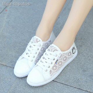 Summer small white shoes canvas lace breathable hollow out students with flat net surface joker lace-up running