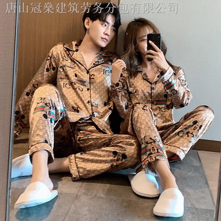 ♧M-5XL Plus Size Couple Pajamas Golden Mickey Silk Cardigan Sleepwear Satin Ilang pajama terno (5)