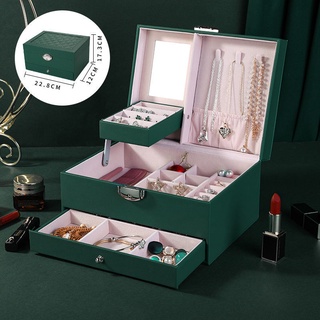 New 3-layers Green Stud Jewelry Organizer Large Ring Necklace Makeup Holder Cases Velvet Jewelry Box (2)