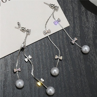Elegant Women's Long Bow Pearl Tassel Earrings Crystal Silver Color Stud Earrings Fashion Girls Jewelry Gifts