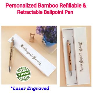 LASER ENGRAVED Personalized Bamboo Refillable & Retractable Ballpoint Pen + White Gift Box Set. (1)