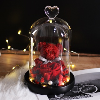 Beauty And Beast Rose Dried Flowers The Eternal Real Rose Teddy Bear In Glass Dome With LED Home