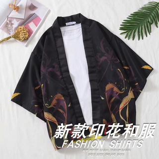 “Free Shipping”【Laa】｛COD｝Chinese Style Summer Robe Men's Kimono And Style Cardigan Printed Japanese Style Jacket 3/4 Sleeve Hanfu Trench Coat Thin Spring