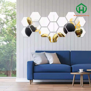12pcs Modern Creative 3D Silver Mirror Geometric Hexagon Acrylic Wall