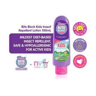 Bite Block Kids Insect Repellent Lotion 100mL. DEET-free, hypoallergenic, non-greasy, powder scent