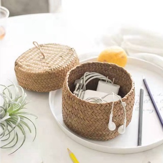 Handmade Weaving Storage Baskets Wicker Wardrobe Table Round Snack Storage Box Wicker Seagrass