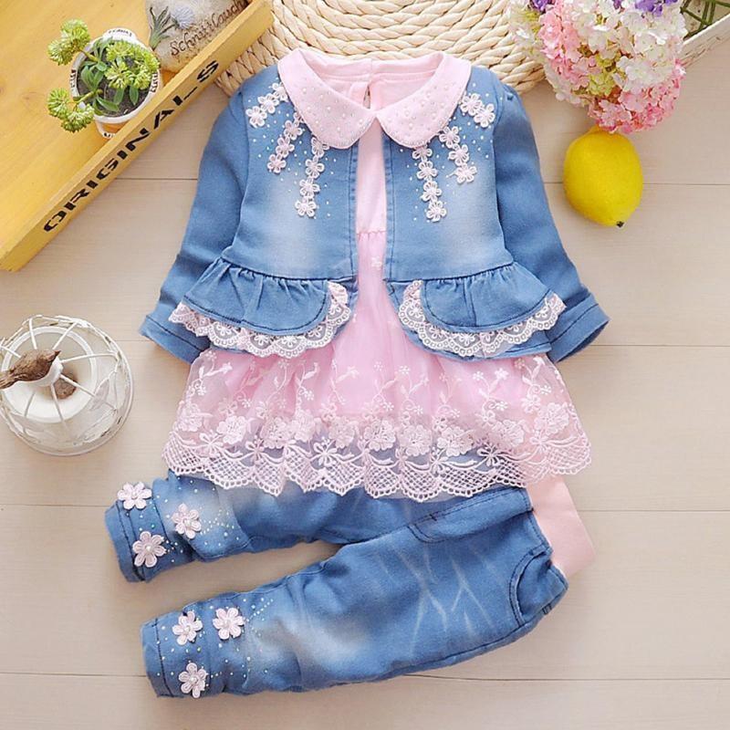 New Fashion Spring Autumn Infant Baby Girls Denim Clothing Set 3pcs Jacket suits 2BSq