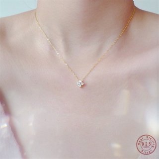925 Sterling Silver European Simple Crystal Flower Pendant Clavicle Chain Necklace Women Classic