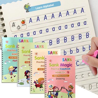 4Books/Set Magic Practice Writing Book Reusable Learning Copybook Reading Book with Pen