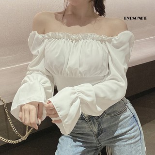 EYE Women Sexy Off Shoulder Puff Sleeve Bouse Backless Back Lace-up Hollow Crop Top