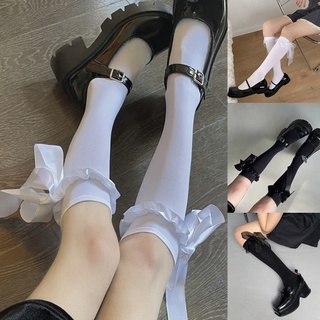 ℜ-ℜ Women Harajuku Calf Socks Lolita Satin Long Ribbon Bow Kawaii Knee High Stocking