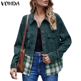 VONDA Women Autumn Winter Plaid Patchwork Long Sleeve Turn-down Corduroy Coat