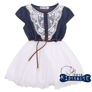 2018 Fashion Baby Girls Party Lace Flower Tulle Denim Dress (3)