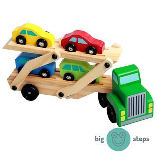 Truck cars green transporter race track wooden toy play pretend montessori