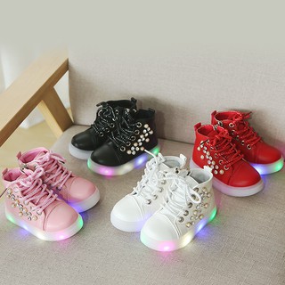 Casual Children Shoes LED Light Fashion Rhinestone Pearl Decoration Soft Sneakers Walking Toddler Sh