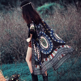 Boho Women's Vintage Floral Print Long Coat Kimono Blouse
