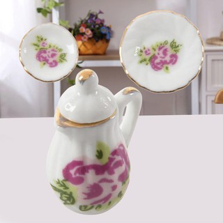 15 pieces Porcelain tea set Dollhouse miniature foods Chinese rose dishes cup