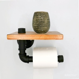 Vintage Handicraft Urban Industrial Wall Mount Wood Storage Shelf Iron Pipe Toilet Paper Holder Roll