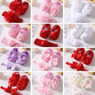 2pcs 0-18 Month Newborn Baby Girl Bowknot Princess Shoes Kids Toddler Soft Sole Walking Shoes Headband Set