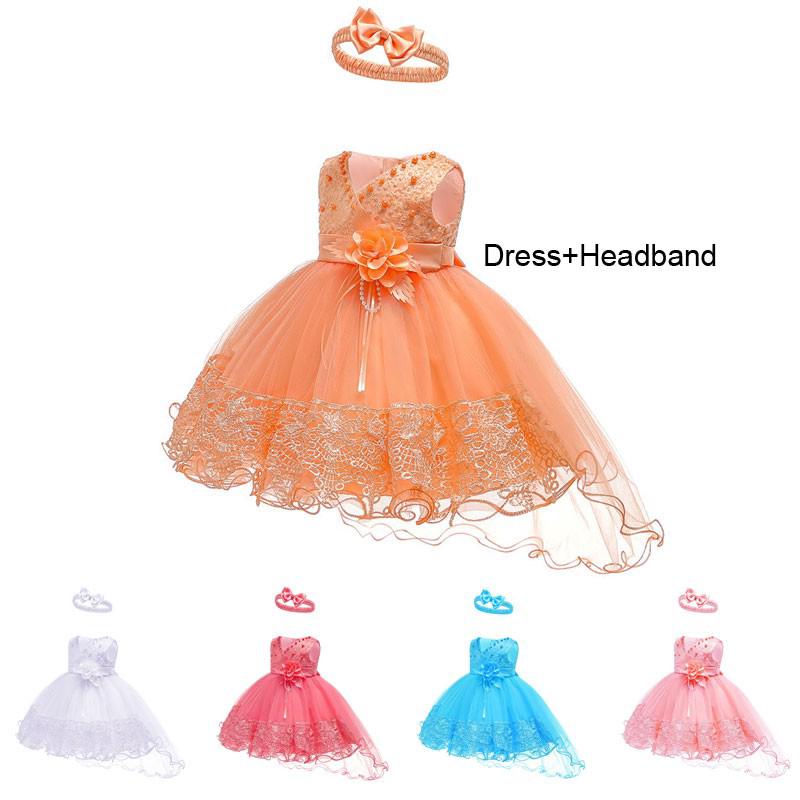 2pcs set baby girl dress+headband birthday party wedding princess kid dress
