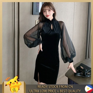 CL Dark Black Sexy Velvet Cheongsam Dress with Tight Waist and Slim Hips