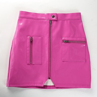 Pink Black White Leather Pu Mini Skirts Fashion Zipper Pocket Bodycon Skirts (7)