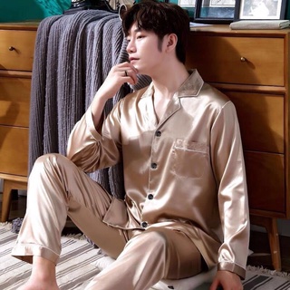 Korean Men Silk Sleepwear Long Sleeve Sleeve Pajama Set For Unisex Nightwear