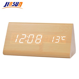 Light Alarm Clock Digital Home Electronic Thermometer LED Wooden Modern Bed Table Desktop Clock Triangle