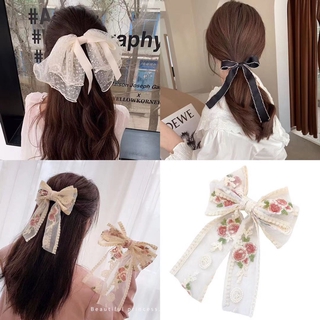 Korea Big Bow Spring clip Hairpin Elegant Retro Sweet Ribbon long hairpin hairband gilr head accessories