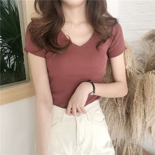 Cotton Knitted Shirt Basic Women Top Blouse V Neck Shirt (1)