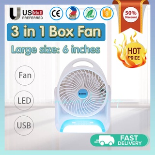 Box Fan 3 in 1 Portable Desk Fan Electric Fan With LED Light Rechargeable Fan Emergency Light Lamp