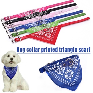 Dog Bandana Collar Adjustable Cat Pet Neckerchief PU Collar with Printed Triangular Scarf