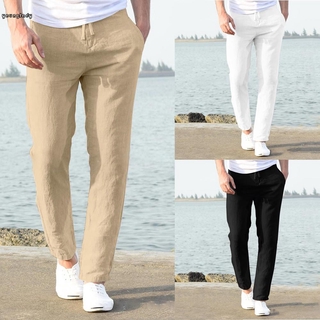 Men Casual Linen Breathable Loose Long Pants Solid Color Straight Trousers
