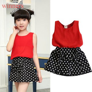 Baby Girl Sleeveless T-shirt+ Polka Dot Skirts FJw5