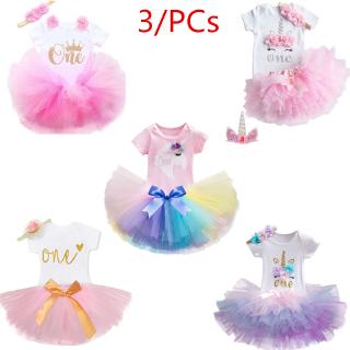 [NNJXD] Baby Girls 1st Unciorn Birthday Dress Princess Party Dresses Tutu Skirt + Romper+Headband 3/PCs Newborn Clothes